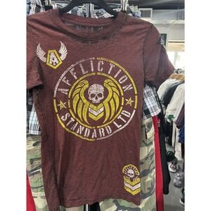 Vintage Y2K Affliction Standard Ltd. Maroon AOP Print Scoop Neck T Shirt Size M